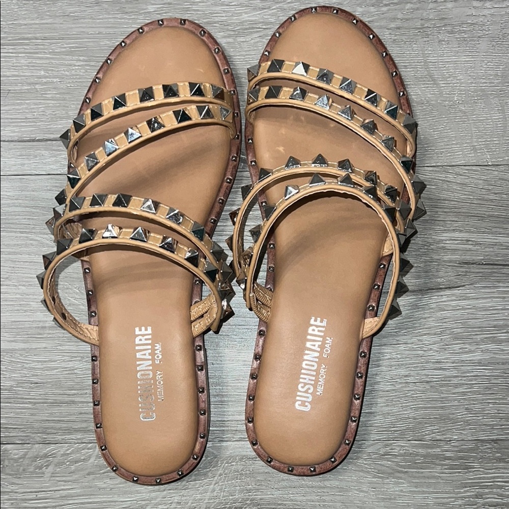 Tan Leather Studded Slide Sandals